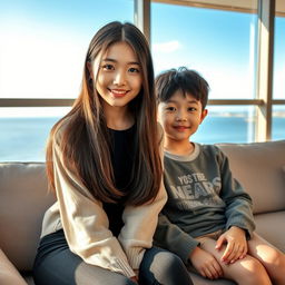 A beautiful Korean girl resembling an idol, aged 18 years, wearing stylish clothes with long straight hair covering her ears