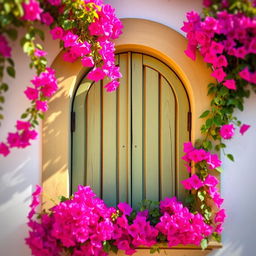 An arched wooden window painted in rustic green, adorned with vibrant bougainvillea flowers cascading all around it, bathed in warm sunlight, showcasing the intricate texture of the wood and the lushness of the flowers