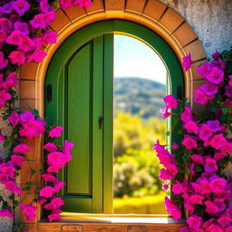 An arched wooden window painted in rustic green, adorned with vibrant bougainvillea flowers cascading all around it, bathed in warm sunlight, showcasing the intricate texture of the wood and the lushness of the flowers