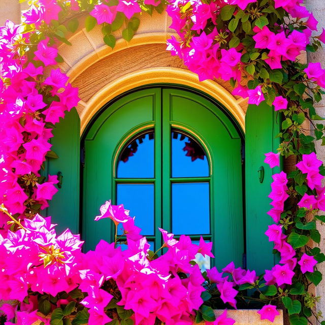 An arched wooden window painted in rustic green, adorned with vibrant bougainvillea flowers cascading all around it, bathed in warm sunlight, showcasing the intricate texture of the wood and the lushness of the flowers