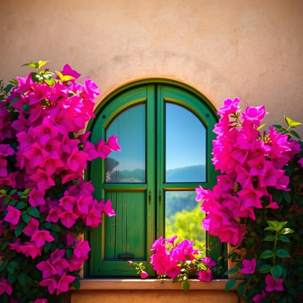 An arched wooden window painted in rustic green, adorned with vibrant bougainvillea flowers cascading all around it, bathed in warm sunlight, showcasing the intricate texture of the wood and the lushness of the flowers