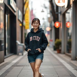 A beautiful Korean woman wearing a black hoodie, short denim jeans, and sneakers, walking towards the camera with a soft smile