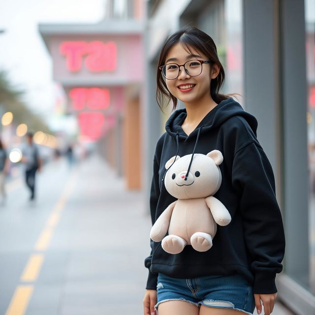 A beautiful Korean woman wearing a black hoodie, short denim jeans, and sneakers, walking towards the camera with a soft smile