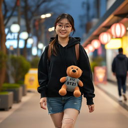 A beautiful Korean woman wearing a black hoodie, short denim jeans, and sneakers, walking towards the camera with a soft smile