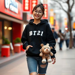 A beautiful Korean woman wearing a black hoodie, short denim jeans, and sneakers, walking towards the camera with a soft smile