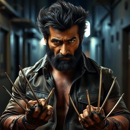 A striking portrait of Mohan Lal resembling Wolverine, showcasing a rugged and muscular build