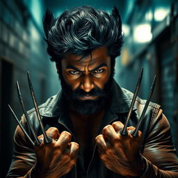 A striking portrait of Mohan Lal resembling Wolverine, showcasing a rugged and muscular build