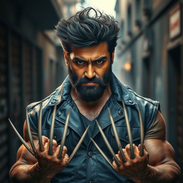 A striking portrait of Mohan Lal resembling Wolverine, showcasing a rugged and muscular build