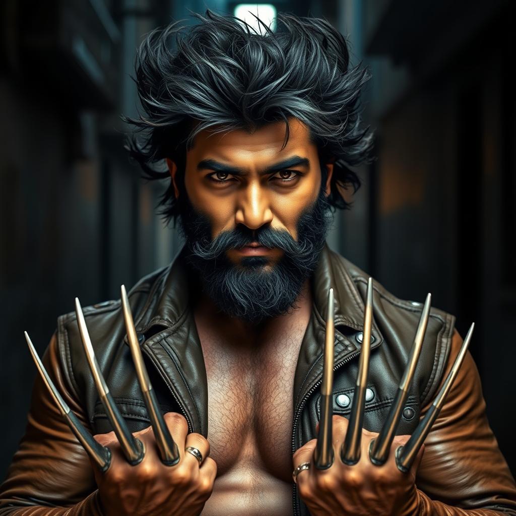 A striking portrait of Mohan Lal resembling Wolverine, showcasing a rugged and muscular build