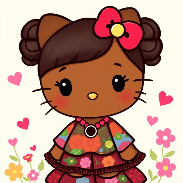 A cute, adorable reinterpretation of Hello Kitty as a morenita, featuring rich brown skin and beautiful cultural clothing that celebrates Latin heritage