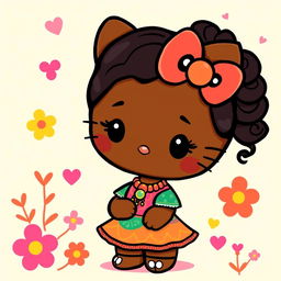 A cute, adorable reinterpretation of Hello Kitty as a morenita, featuring rich brown skin and beautiful cultural clothing that celebrates Latin heritage