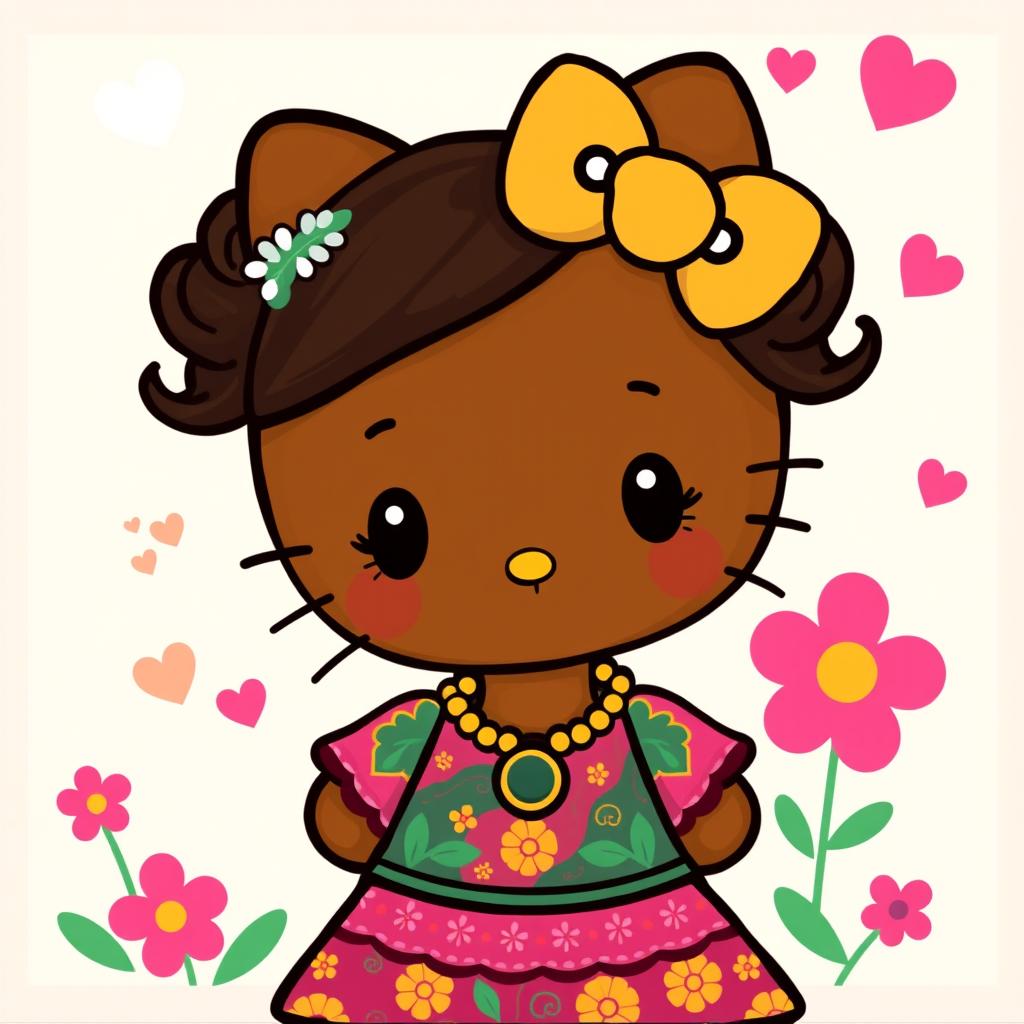 A cute, adorable reinterpretation of Hello Kitty as a morenita, featuring rich brown skin and beautiful cultural clothing that celebrates Latin heritage