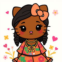 A cute, adorable reinterpretation of Hello Kitty as a morenita, featuring rich brown skin and beautiful cultural clothing that celebrates Latin heritage