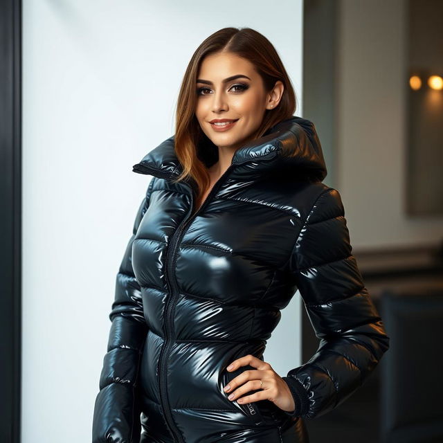 A strikingly attractive slim woman with large breasts, confidently adorned in a tight and shiny black and silver puffer suit that accentuates her curves perfectly