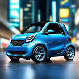 This is a high-quality, 3D rendered image of a Fortwo smart car, painted in a striking neon blue color