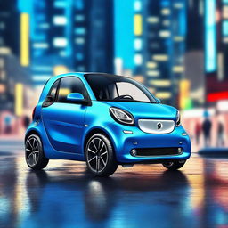 This is a high-quality, 3D rendered image of a Fortwo smart car, painted in a striking neon blue color