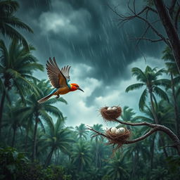 A dramatic scene of a beautiful forest during a strong storm with gusty winds, trees bending and swaying