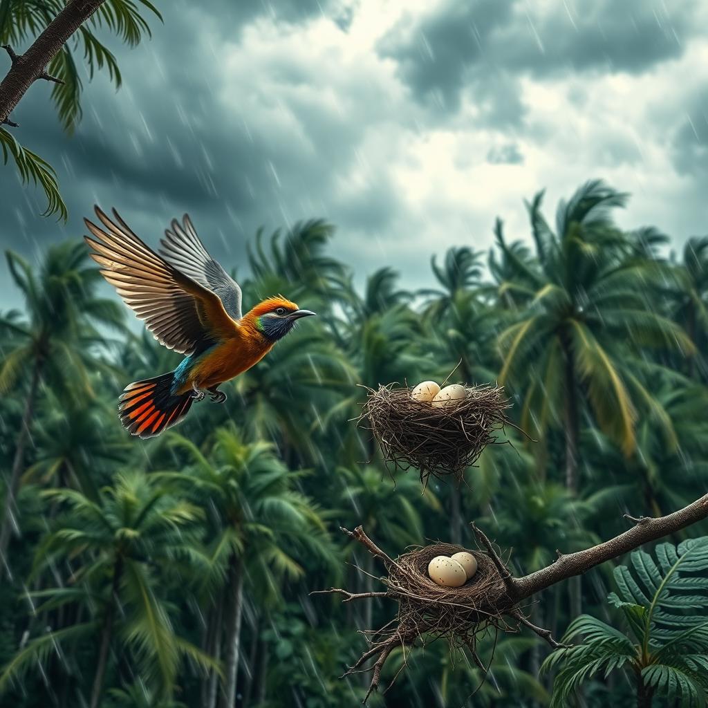 A dramatic scene of a beautiful forest during a strong storm with gusty winds, trees bending and swaying