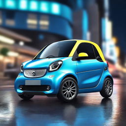 This is a high-quality, 3D rendered image of a Fortwo smart car, painted in a striking neon blue color