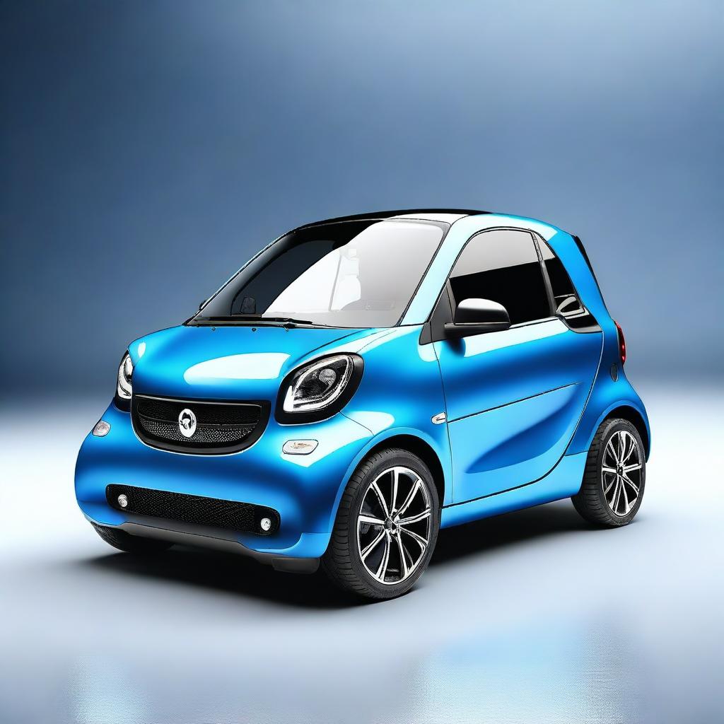 This is a high-quality, 3D rendered image of a Fortwo smart car, painted in a striking neon blue color