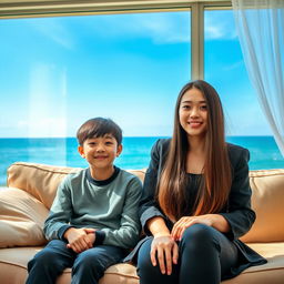 A beautiful young woman with a Korean idol-like face, 18 years old, stylishly dressed, long straight hair covering her ears, sitting on a sofa with her 15-year-old younger brother