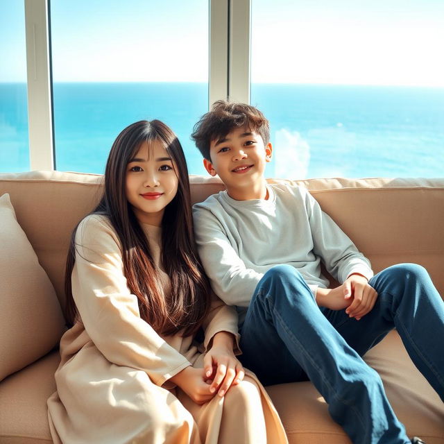 A beautiful young woman with a Korean idol-like face, 18 years old, stylishly dressed, long straight hair covering her ears, sitting on a sofa with her 15-year-old younger brother