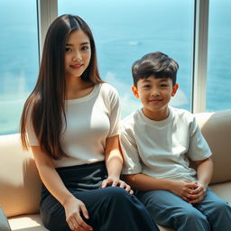 A beautiful young woman with a Korean idol-like face, 18 years old, stylishly dressed, long straight hair covering her ears, sitting on a sofa with her 15-year-old younger brother