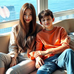 A beautiful young woman with a Korean idol-like face, 18 years old, stylishly dressed, long straight hair covering her ears, sitting on a sofa with her 15-year-old younger brother