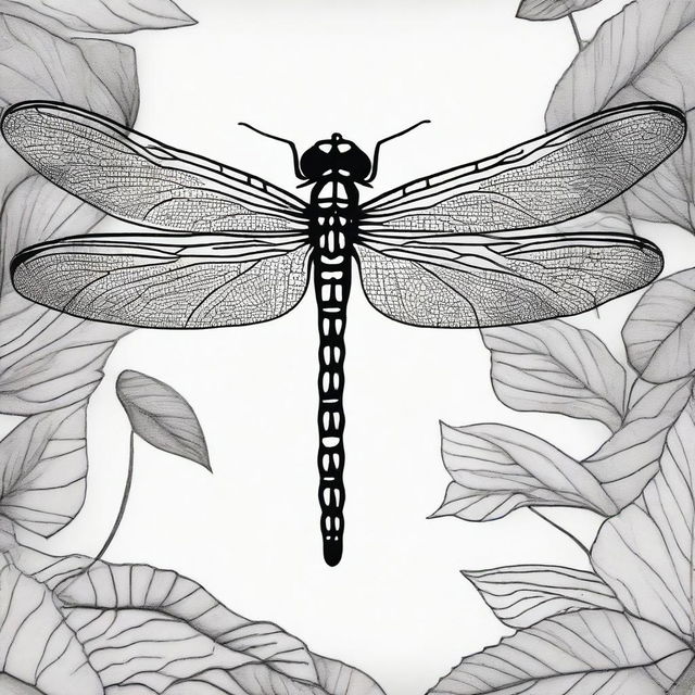 A high-quality, black and white sharpie drawing portraying a detailed dragonfly