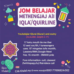 A vibrant and engaging poster for online Quranic study (Iqra') classes for children and teenagers aged 5-17