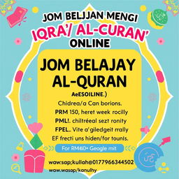 A vibrant and engaging poster for online Quranic study (Iqra') classes for children and teenagers aged 5-17