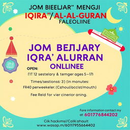 A vibrant and engaging poster for online Quranic study (Iqra') classes for children and teenagers aged 5-17