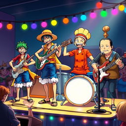 A vibrant scene showcasing the characters Zoro, Luffy, Sanji, and Jinbe from One Piece, depicted as a musical band
