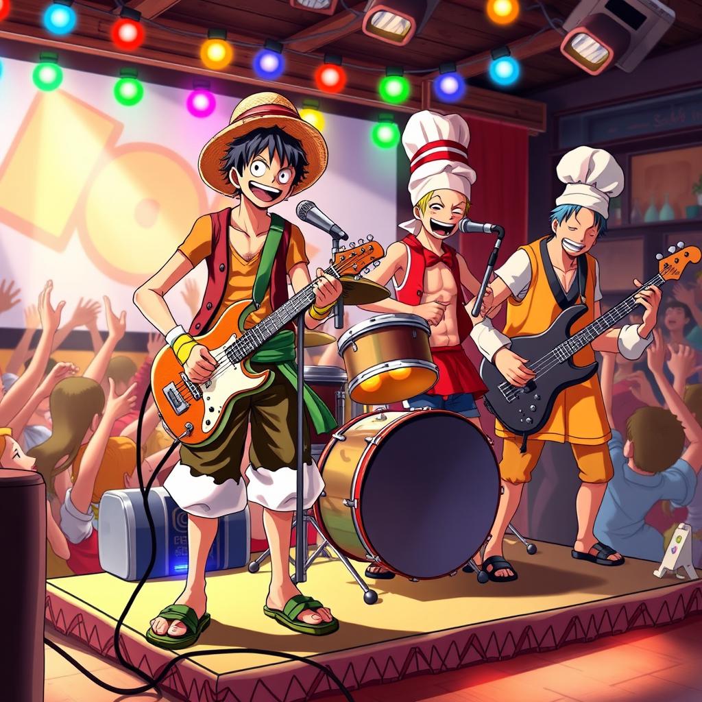 A vibrant scene showcasing the characters Zoro, Luffy, Sanji, and Jinbe from One Piece, depicted as a musical band