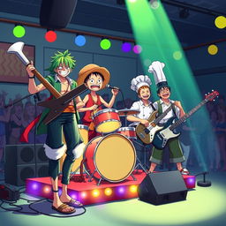 A vibrant scene showcasing the characters Zoro, Luffy, Sanji, and Jinbe from One Piece, depicted as a musical band
