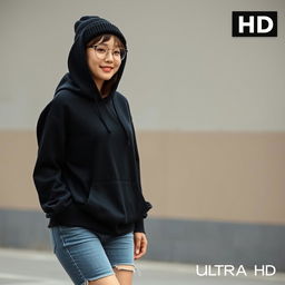 A beautiful Korean woman wearing a black hoodie, short jeans, and sneakers, accessorized with glasses and a black beanie