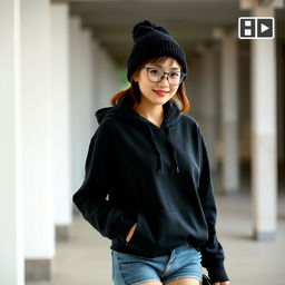 A beautiful Korean woman wearing a black hoodie, short jeans, and sneakers, accessorized with glasses and a black beanie