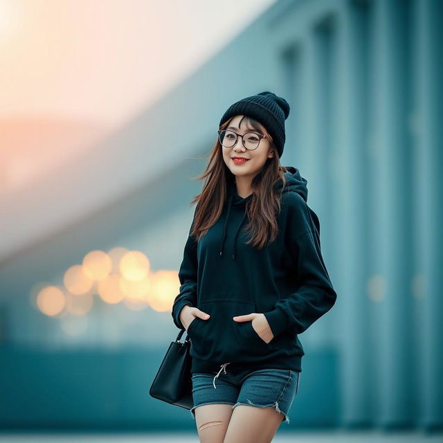 A beautiful Korean woman wearing a black hoodie, short jeans, and sneakers, accessorized with glasses and a black beanie