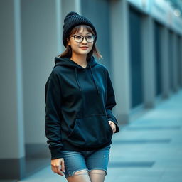A beautiful Korean woman wearing a black hoodie, short jeans, and sneakers, accessorized with glasses and a black beanie