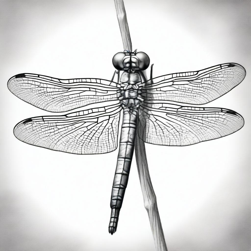 A high-quality, black and white pencil drawing presenting a close-up, front view of a dragonfly