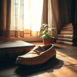 A cozy, nostalgic lofi scene featuring a pair of vintage, worn-in loafers resting on an old wooden floor