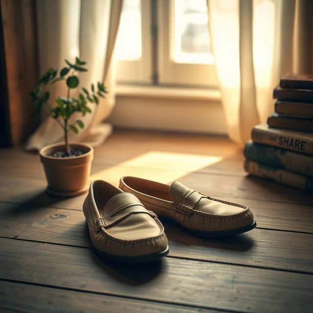 A cozy, nostalgic lofi scene featuring a pair of vintage, worn-in loafers resting on an old wooden floor