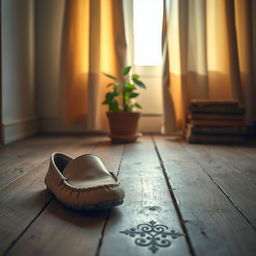 A cozy, nostalgic lofi scene featuring a pair of vintage, worn-in loafers resting on an old wooden floor