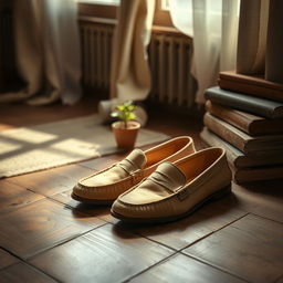 A cozy, nostalgic lofi scene featuring a pair of vintage, worn-in loafers resting on an old wooden floor