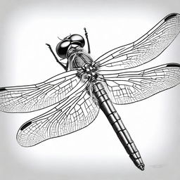 A high-quality, black and white pencil drawing presenting a close-up, front view of a dragonfly