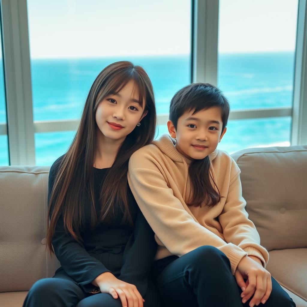 A beautiful young woman with a Korean idol-like face, aged 18, wearing stylish clothing