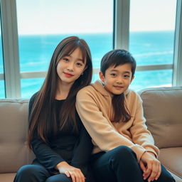A beautiful young woman with a Korean idol-like face, aged 18, wearing stylish clothing