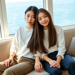 A beautiful young woman with a Korean idol-like face, aged 18, wearing stylish clothing