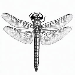 A high-quality, black and white pencil drawing presenting a close-up, front view of a dragonfly