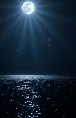A breathtaking cosmic landscape featuring vast oceans of stars twinkling in the night sky, illuminated by beams of soft moonlight filtering through the darkness